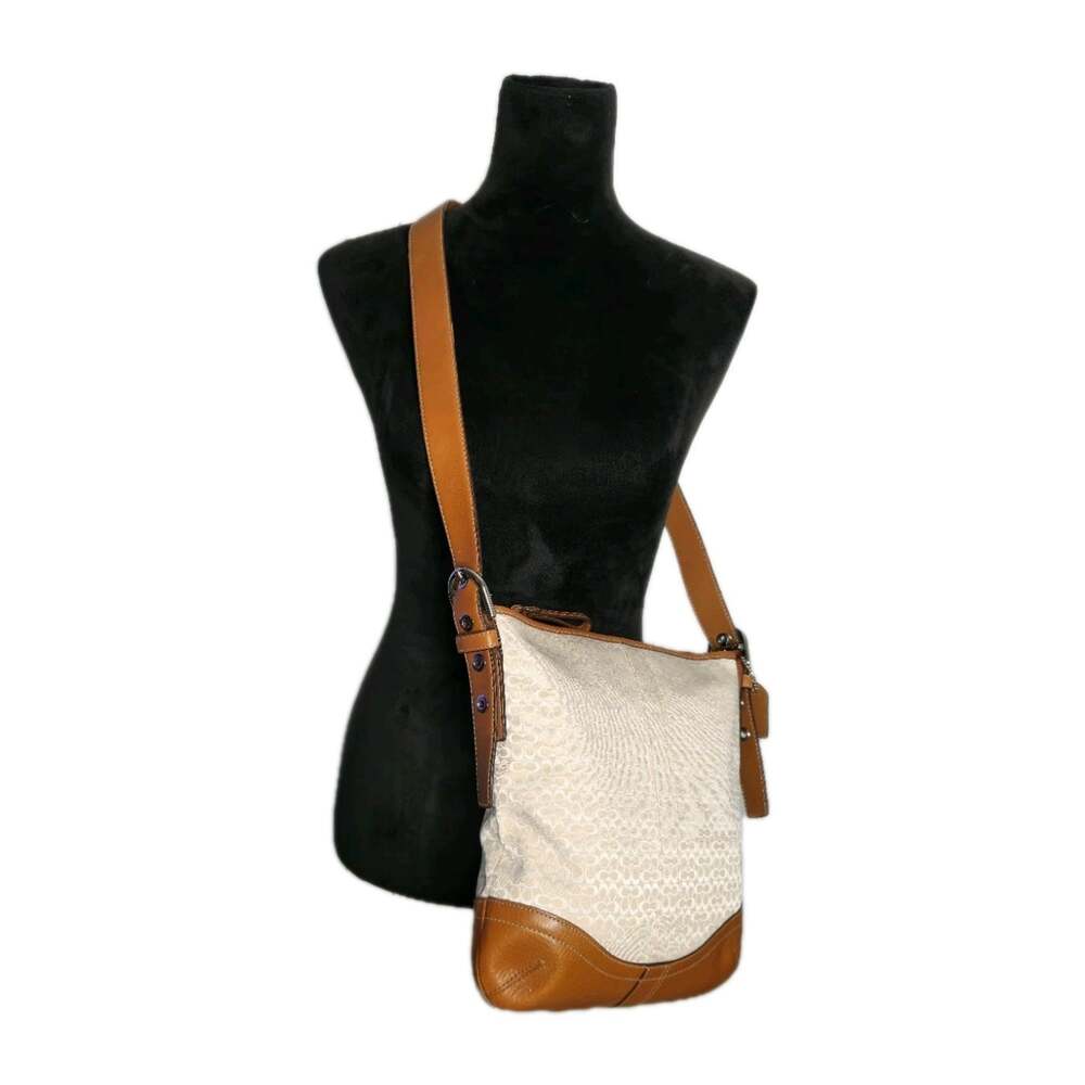 COACH Signature Soft Duffle Canvas Leather White Brown Crossbody Bag 10944 Euc